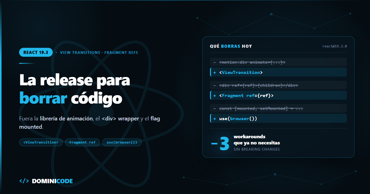React 19.3: View Transitions, Fragment Refs y use(browser()) — Dominicode